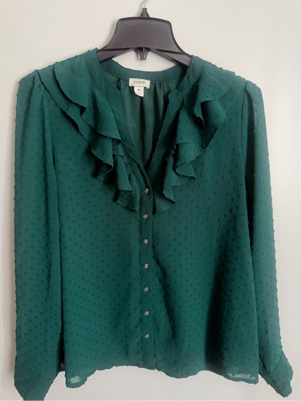 J. Crew Green Ruffle Swiss Dot Long sleeve button up blouse size medium